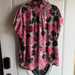 Floral Smocked Neck Flutter Sleeve Top - Pink/Black